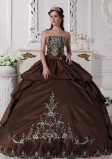 2014 Brown Puffy Strapless Embroidery Quinceanera Dress with Pick-ups