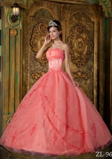 2014 Watermelon Ball Gown Strapless Appliques Dresses Quinceanera
