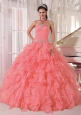 Ball Gown Strapless Ruffles and Beading Dresses For a Quinceanera with Watermelon Red