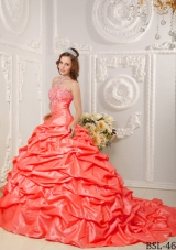 Orange Red Ball Gown Strapless Court Train Dresses For Quinceaneras with Appliques and Pick-ups