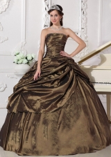 Popular Brown Ball Gown Strapless for 2014 Beading Quinceanera Dress with Pick-ups