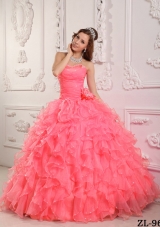 Romantic Ball Gown Sweetheart Beading Ruffles Watermelon Dresses For a Quinceanera