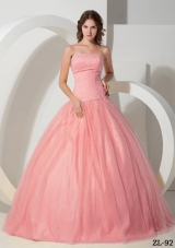 Simple Ball Gown Strapless Tulle Quinceanera Gowns with Beading