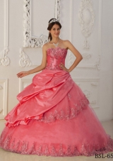 Watermelon A-line Strapless Appliques and Pick-ups Beading Quinceanera Gowns