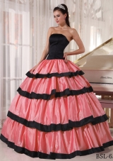Watermelon and Black Ball Gown Strapless Dresses For a Quince with Ruffled Layers