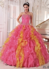 Watermelon and Orange Ball Gown Sweetheart Ruffles Sequins Dresses Of 15 with Long