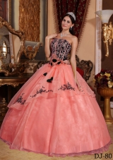 Watermelon Ball Gown Strapless Embroidery Dresses For a Quinceanera with Hand Made Flowers