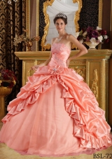Watermelon Ball Gown Strapless Quinceanera Dress with Pick-ups and Appliques Beading