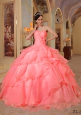 Watermelon Ball Gown Sweetheart Ruffled Layers and Appliques Beading Dress For Quinceaneras
