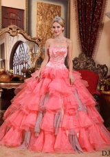 Watermelon Ball Gown Sweetheart Ruffled Layers Sweet Sixteen Quinceanera Dresses with Appliques
