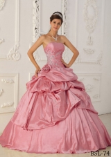 Watermelon Dresses For Quinceaneras with Princess Strapless Pick- ups and Beading