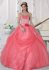 Watermelon Strapless Appliques and Hand Made Flower Quinceanera Dress with Pick-ups