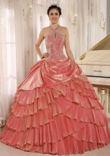 Popular Halter Top Ruffled Layers Beading and Pleats Sweet Sixteen Quinceanera Dresses