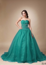 Princess Sweetheart Chapel Train Turquoise Quinceanea Dress with Beading