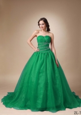 Princess Sweetheart Chapel Train Turquoise Quinceaneras Dresses with Beading