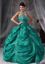 Puffy Strapless Turquoise Quinceaneras Dresses with Appliques and Pick-ups