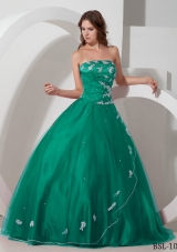 Strapless Turquoise Quinceanera Dresses with Appliques and Beading