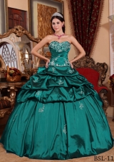 Turquoise Sweetheart Taffeta Appliques and Pick-ups Quinceanera Gown Dresses