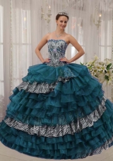Turquoise Sweetheart Zebra and Organza Quinceanera Dresses with Beading and Layers