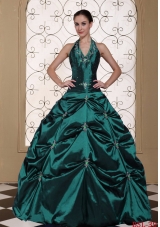 Halter Top Turquoise Quinceanera Gown Dresses with Embroidery and Beading