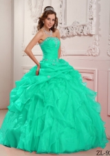 Apple Green Strapless Organza Turquoise Quinceanera Dresses with Beading and Ruffles