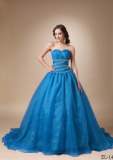 Elegant Princess Court Train Beading Organza Quinceanea Dress with Sweetheart
