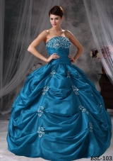 Puffy Strapless Appliques Taffeta Simple Quinceanera Dresses