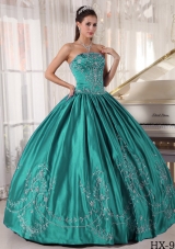 Puffy Strapless Turquoise Sweet 16 Dresses with  Embroidery
