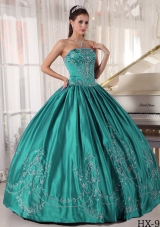 Puffy Strapless Turquoise Sweet 16 Dresses with Embroidery
