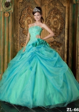 Strapless Organza Turquoise Quinceanera Dresses with Beading