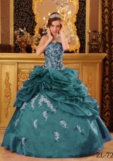 Strapless Turquoise Quinceanera Gowns with Appliques and Pick-ups