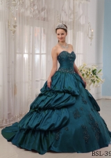 Sweetheart Court Train Appliques Turquoise Quinceanera Dresses with Pick-ups