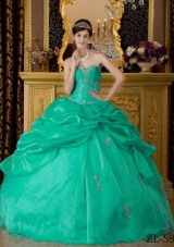 Sweetheart Organza Turquoise Quinceanera Dresses with Appliques and Pick-ups