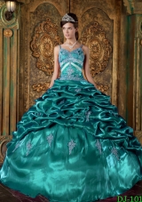 Taffeta Beading and Pick-ups Turquoise Quinceanera Gowns with Spaghetti Straps