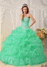 Turquoise Quinceanera Gowns with Beading and Pick-ups Strapless Organza