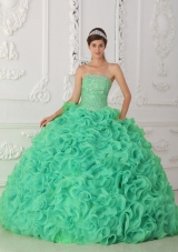 Turquoise Strapless Organza Sweet Sixteen Dresses with Beading and Ruffles