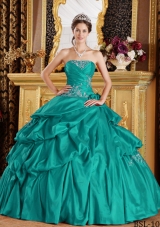 Turquoise Strapless Taffeta Quincenera Dresses with Appliques
