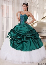 Turquoise Sweetheart Taffeta and Tulle Quinceanera Dresses with Appliques and Pick-ups