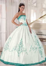 White and Turquoise Strapless Quinceanera Dress with Embroidery