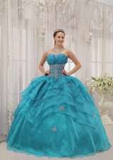 2014 Cheap Puffy Strapless Beading Organza Quinceanera Dresses