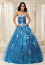 2014 Pretty A-line Quinceanera Dresses With Appliques Teal Paillette Over Skirt
