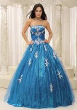 2014 Pretty A-line Quinceanera Dresses With Appliques Teal Paillette Over Skirt