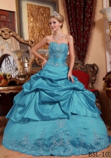 Cheap Teal Puffy Sweetheart Embroidery with Beading Quinceanera Dresses