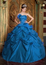 Hand Made Flowers Ball Gown Taffeta Teal Quinceanera Dresses with Strapless