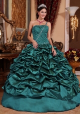 One Shoulder Taffeta Pick-ups Turquoise Quinceanera Dresses with Beading