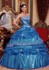 Puffy Strapless Organza  Long Quinceanera Dresses with Appliques