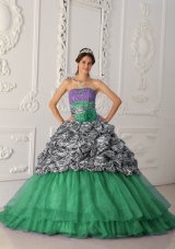 Strapless Chapel Train Zebra Turquoise Quinceanera Gowns with Pick-ups