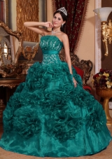 Strapless Organza Appliques Turquoise Quinceanera Gown Dresses