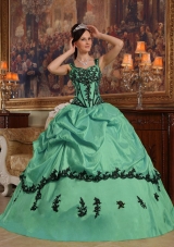Straps Turquoise Quinceanera Gowns Dresses with Black Appliques