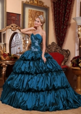 Sweetheart Chapel Train Taffeta Quincenera Dresses with Appliques and Pick-ups